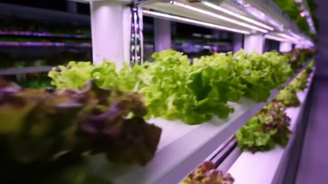 Rows of leafy greens under purple-tinted grow lights in a tidy hydroponic greenhouse,hums softly now