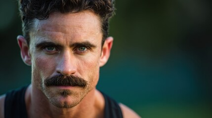 Close up portrait of a rugged man with intense blue eyes and a prominent mustache outdoor lighting
