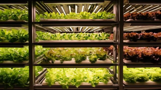 Vertical indoor farm shelves hold lush lettuce under arrayed grow lights, highlighting greenery now