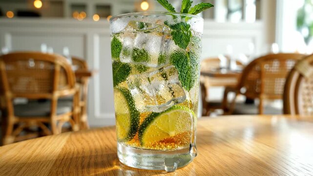 A mojito cocktail sits on a wooden table inside a restaurant with a wicker chair ice lime and mint are visible