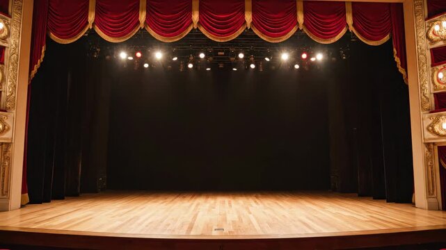 Empty Theater Stage with Red Velvet Curtains - A full shot captures an empty theater stage featuring rich red velvet curtains with intricate gold draping, a polished wooden floor, and stage lighting.