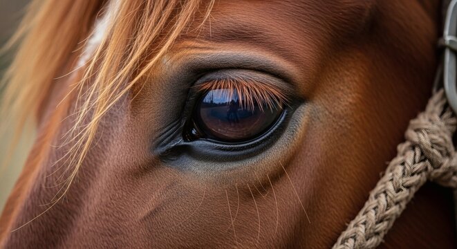 Chestnut Gaze CloseUp of Horse Eye with Intelligent, and Reflective.