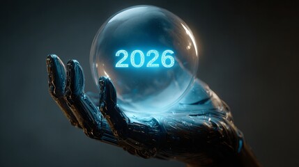 Mystical 2026 future vision held in robotic hands, revealing glowing prophecy for upcoming year with futuristic technology and innovation trends