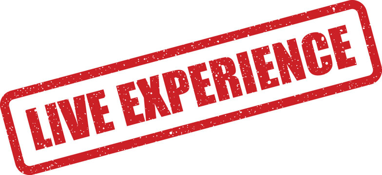 A grungy textured rectangular rubber stamp prominently features the inviting phrase LIVE EXPERIENCE for immersive digital presentations