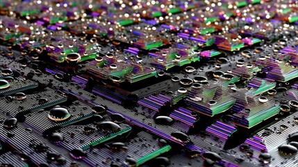 Close-up view of iridescent geometric structures covered in water droplets, creating a vibrant and abstract pattern.