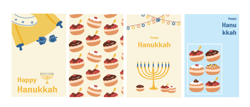 Happy Hanukkah cards vector set. Flat cartoon illustrations with donuts, jewish scroll, menorah and stars of David. Hand drawn posters collection for hanukkah festival.