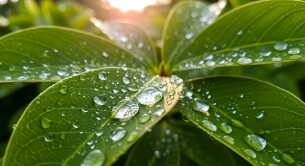 Close-up raindrops on fresh green leaves after rain