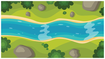 Top View River Landscape Illustration with Rocks, Trees, and Green Nature Background
