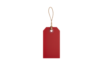 Blank red gift tag with string, perfect for pricing, labeling, sales, isolated on transparent background, png