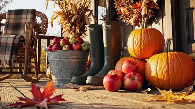 Autumn Porch Still Life with Apples and Pumpkins - A rustic autumn porch scene features a galvanized bucket filled with fresh apples, green rain boots, pumpkins, and a decorative wreath hanging on