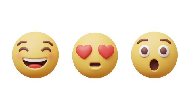 Three Yellow Emoji Faces Expressing Different Emotions on White Background.