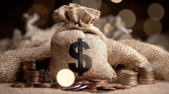 A burlap money bag sits amid scattered coins, lit by warm bokeh orbs and rustic sparkle, riches, glow
