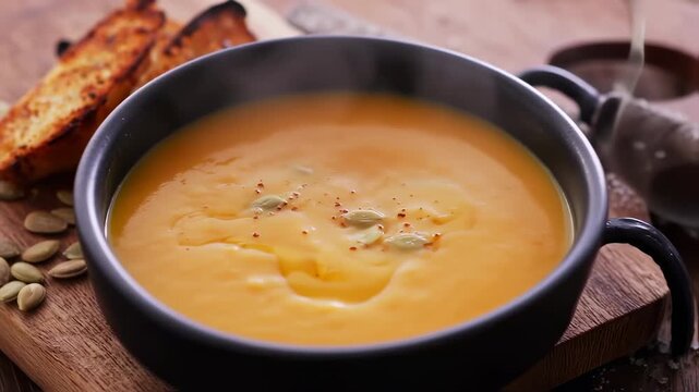 Creamy pumpkin soup with toasted bread