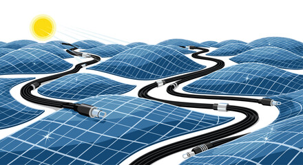 Solar panels connected by cables under the sun, Generative AI