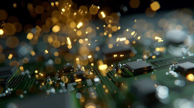 Glowing golden light particles floating above electronic circuit board with microchip components creating dynamic futuristic electronic technology