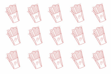 Cute pink-line french fries seamless pattern on a clean white background, perfect for modern packaging, cute food designs, and playful graphic themes.