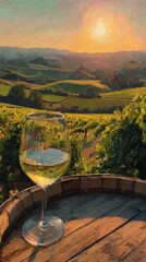 Obraz premium Sunset Over Vineyards With a Glass of White Wine on a Wooden Barrel