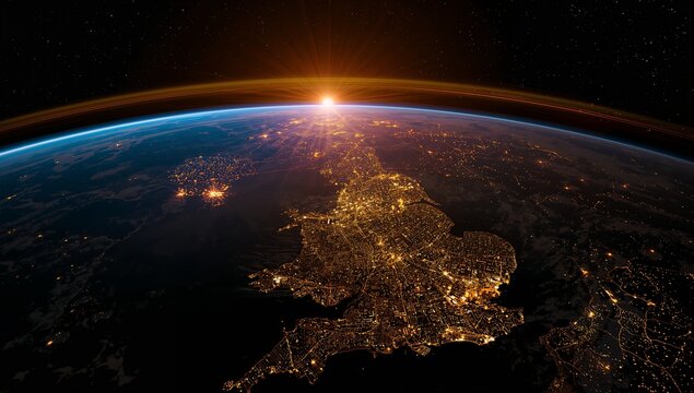 Space-view scene showing the UK transitioning from night to dawn&mdash;half illuminated by warm sunlight, half glowing with nighttime city lights. Curved planet surface, atmospheric glow, travel and global 