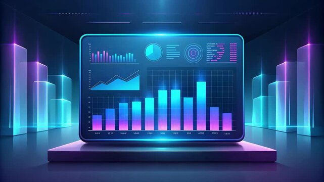 Futuristic business scene with holographic charts, neon blue and purple data streams, and financial marketing motion video