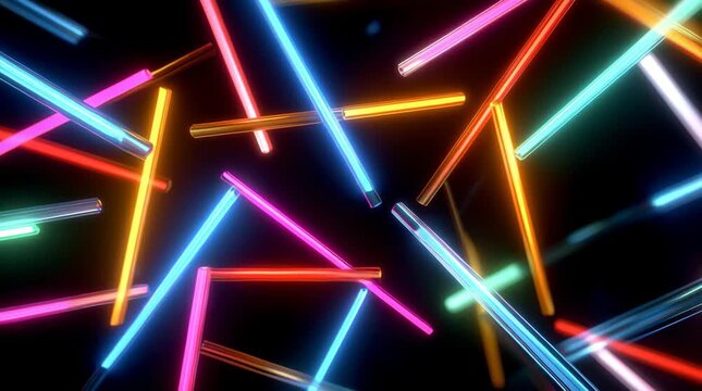 Neon light tubes glow and flicker in random scattered patterns with dynamic blue pink orange red lines on dark background creating energy