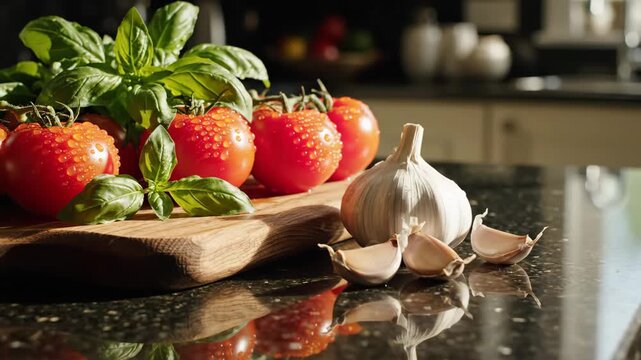 Fresh Tomatoes Basil and Garlic on Counter - A close-up shot of fresh red tomatoes with water droplets, green basil, and garlic displayed on a wooden board on a black kitchen counter.