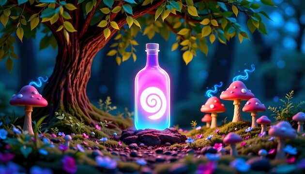 Magical Forest Scene with Glowing Bottle and Sparkling Mushrooms