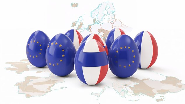 Group of realistic 3D Easter eggs placed together, each displaying a European flag design, with a subtle outline of the Europe continent behind them. Clean isolated composition, vibrant festive look.