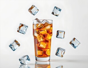 Chilled Carbonated Drink with Ice Cubes White Background