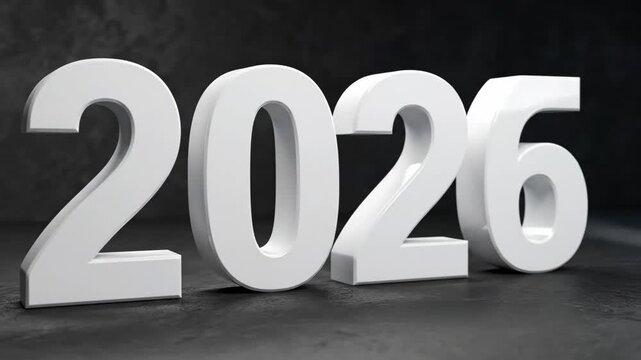 Glossy 2026 Number on Dark Background - This video features the glossy white 3D numbers "2026" against a dark gray background.