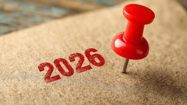 Mark your calendars and set reminders for a bright future with 2026 vision, a red pin marking important dates and goals ahead
