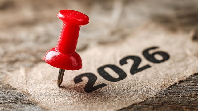 Mark your calendar for 2026 with a bright red push pin, planning for the future, don't miss out on important dates and deadlines!