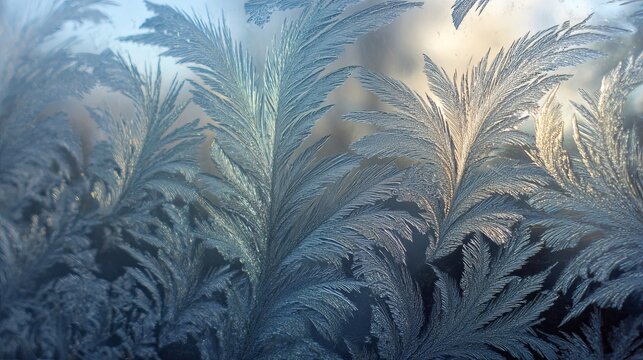 Stunning frosty patterns on glass create a magical winter wonderland, perfect for seasonal designs and backgrounds, conveying cold beauty and wonder