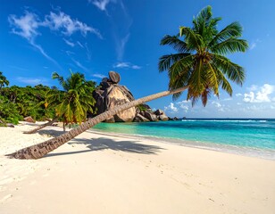 Tropical beach scene with leaning palm trees, turquoise water, large rocks, and white sand under a blue sky