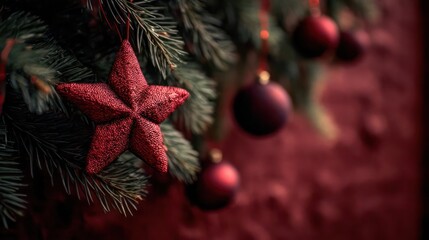 Close up of a sparkly red star ornament hanging on a green christmas tree with blurred red baubles in the background
