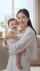 A portrait of a happy Asian-Korean mother holding her smiling baby in a home bathed in natural light.