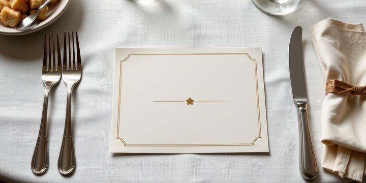Elegant dining table setting with fork, knife, and blank menu card.