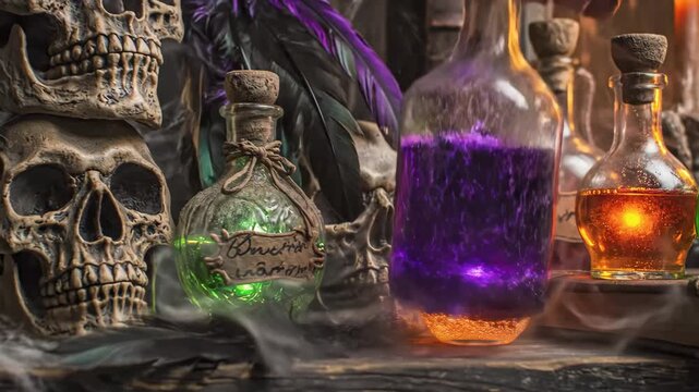 Halloween Potion Bottles and Skulls - This Halloween themed video displays a shelf filled with potion bottles, skulls, and feathers.