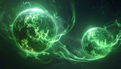 Two glowing spheres of emerald energy float in space, enveloped by swirling tendrils and ethereal light. A cosmic background enhances the scene