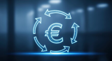 Blue neon euro currency symbol surrounded by circular arrows. Financial exchange and money circulation concept for economic presentation.