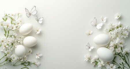 Elegant Display of White Eggs Surrounded by Delicate Flowers and Butterflies