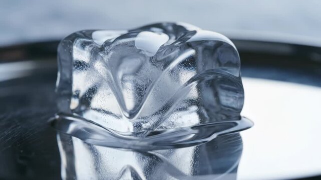 Closeup of a clear textured ice cube resting on a reflective silver surface reflecting its lower half