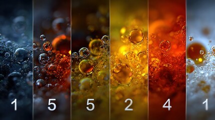 Bubbles in liquids with different colors arranged in vertical panels.