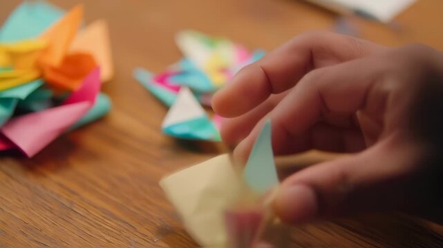 Close-up of hands folding colorful origami paper
