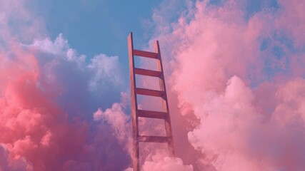 A wooden ladder ascends through vibrant pink smoke against a blue sky, evoking surrealism