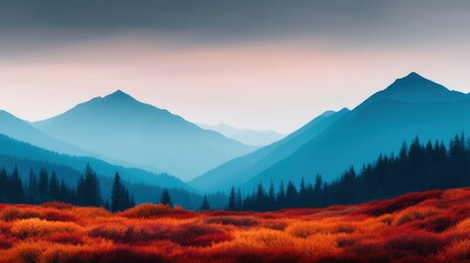 Obraz premium A serene landscape featuring layers of blue mountains and vibrant orange foliage under a soft, pastel sky.