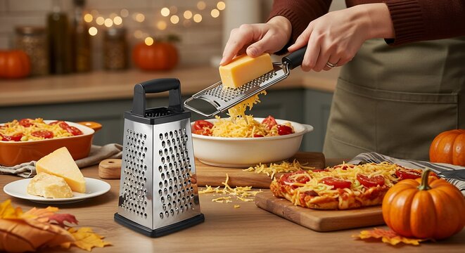 Woman Grating Cheese for a Delicious Autumn Meal.