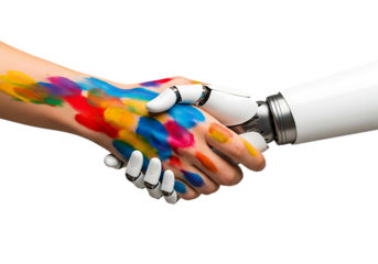 Human and robot handshake with colorful paint on human skin