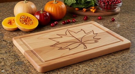 Wooden Cutting Board with Maple Leaf Engraving and Autumn Harvest Vegetables.