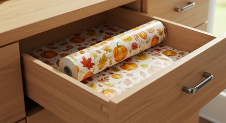 Wooden drawer with decorative paper roll inside, autumn theme.