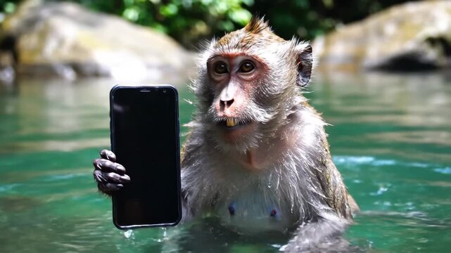 Monkey Using Phone in Water - A monkey is seen waist-deep in water, holding a smartphone with a blank screen up to its face.
